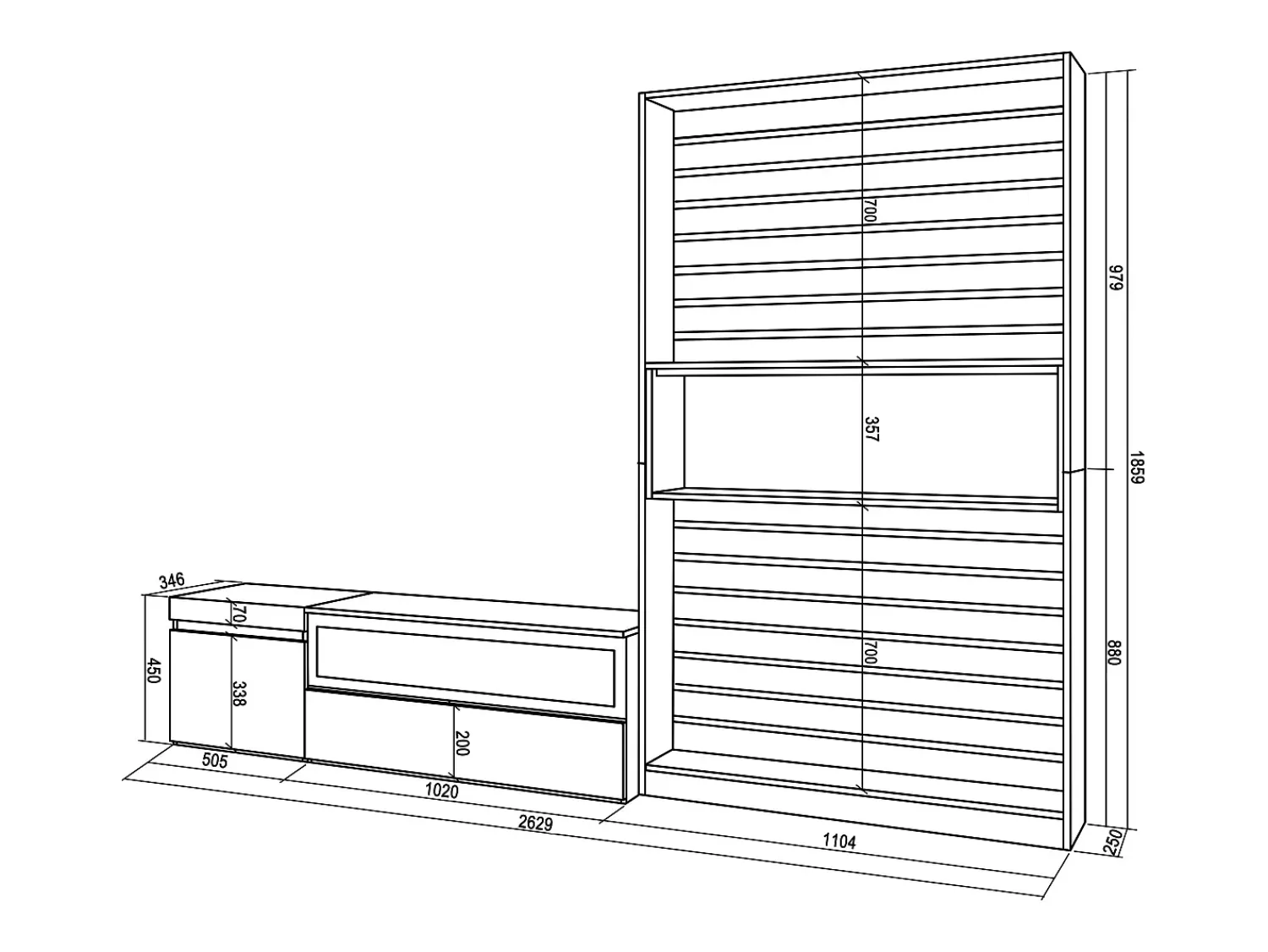 Online Skraut Home Conjunto de móveis TV, 260x35x186cm, Para televisores até 65", Lareira eléctrica, Carvahlo e preto Natural claro
