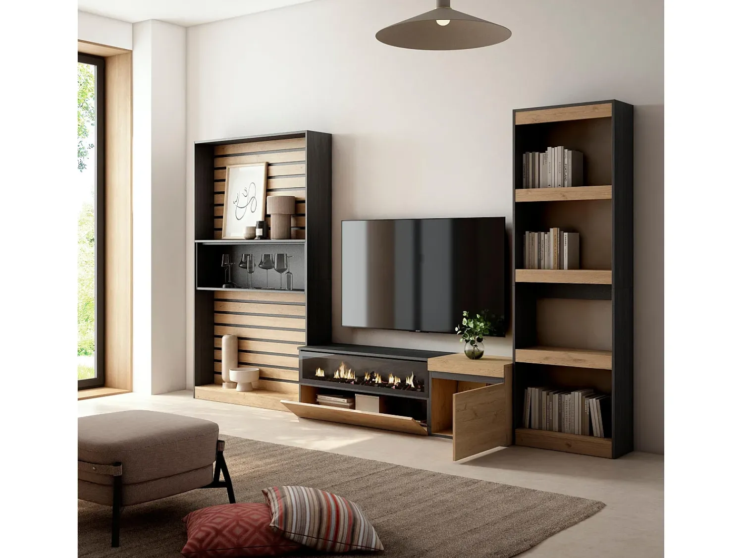 Móvel De Tv*Skraut Home Conjunto de móveis TV, 320x35x186cm, Lareira eléctrica, Carvahlo e preto Natural claro