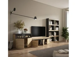 Móvel De Tv*Skraut Home Conjunto de móveis TV, 370x35x186cm, Para televisores até 65", Lareira eléctrica, Carvahlo e preto Natural claro