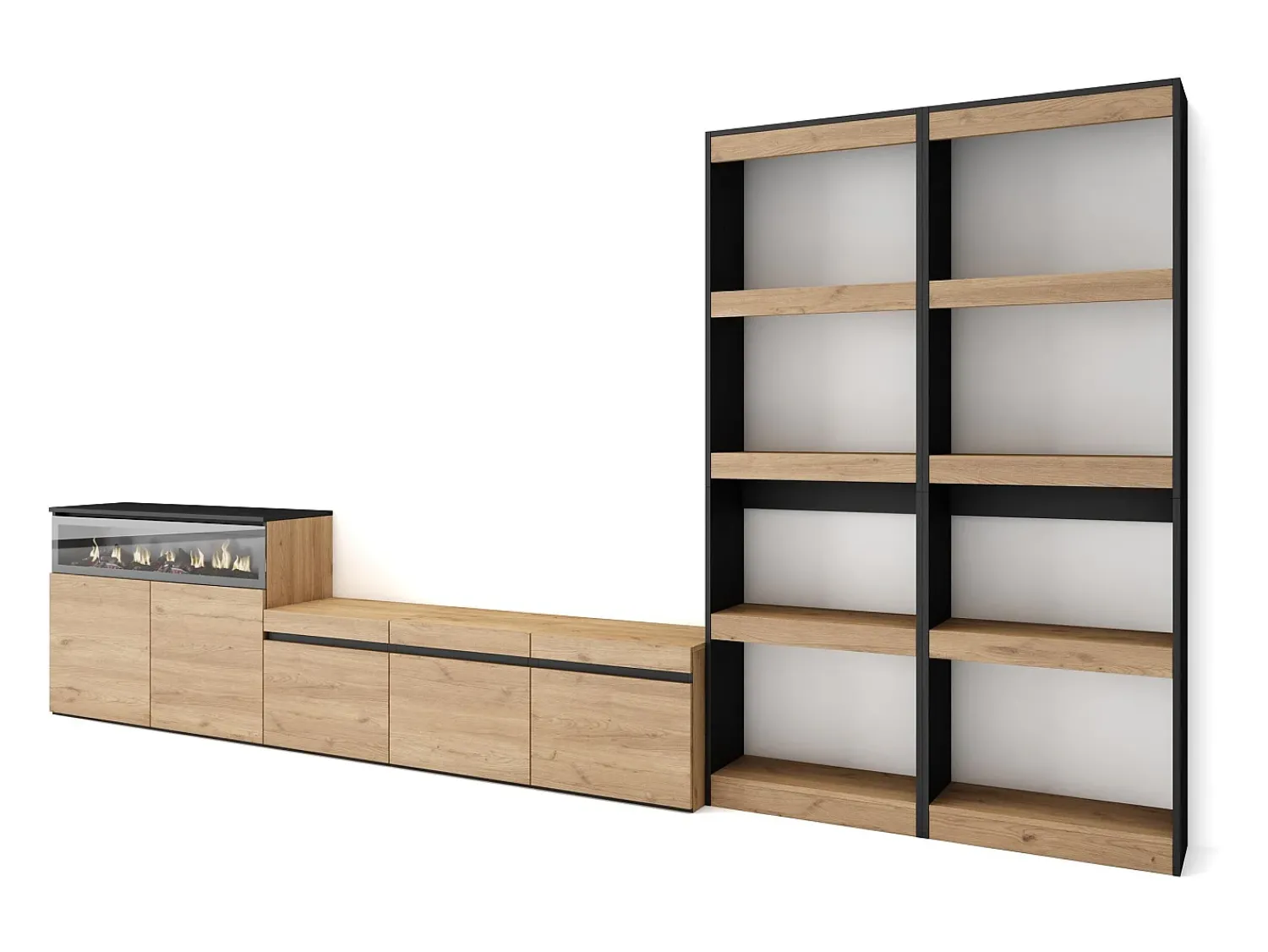Móvel De Tv*Skraut Home Conjunto de móveis TV, 370x35x186cm, Para televisores até 65", Lareira eléctrica, Carvahlo e preto Natural claro