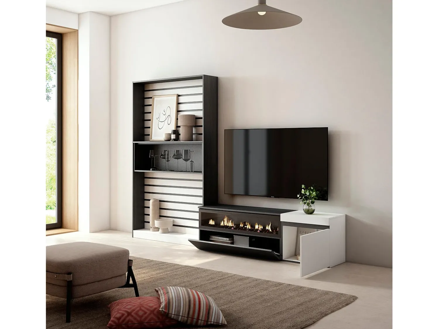 Skraut Home Conjunto de móveis TV, 260x35x186cm, Para televisores até 65", Lareira eléctrica, e preto^ Móvel De Tv