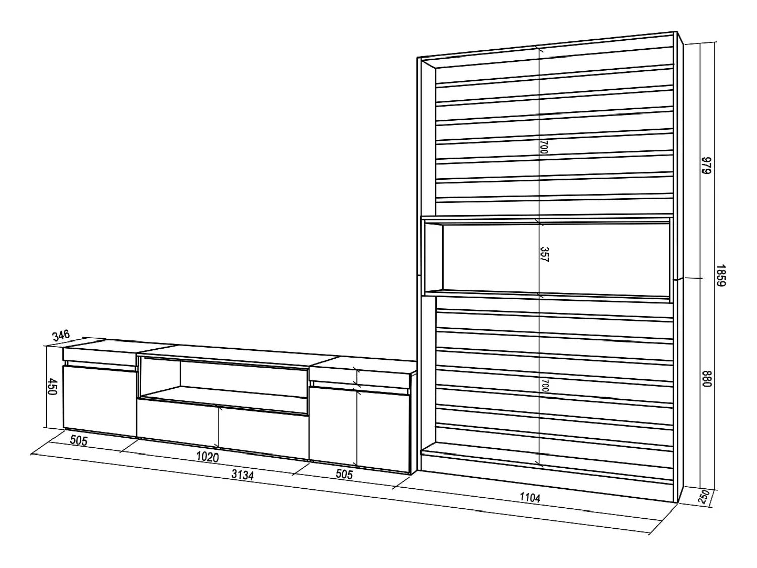 Móvel De Tv*Skraut Home Conjunto de móveis TV, 310x35x186cm, Para televisores até 80", Estante para TV, e preto Branco