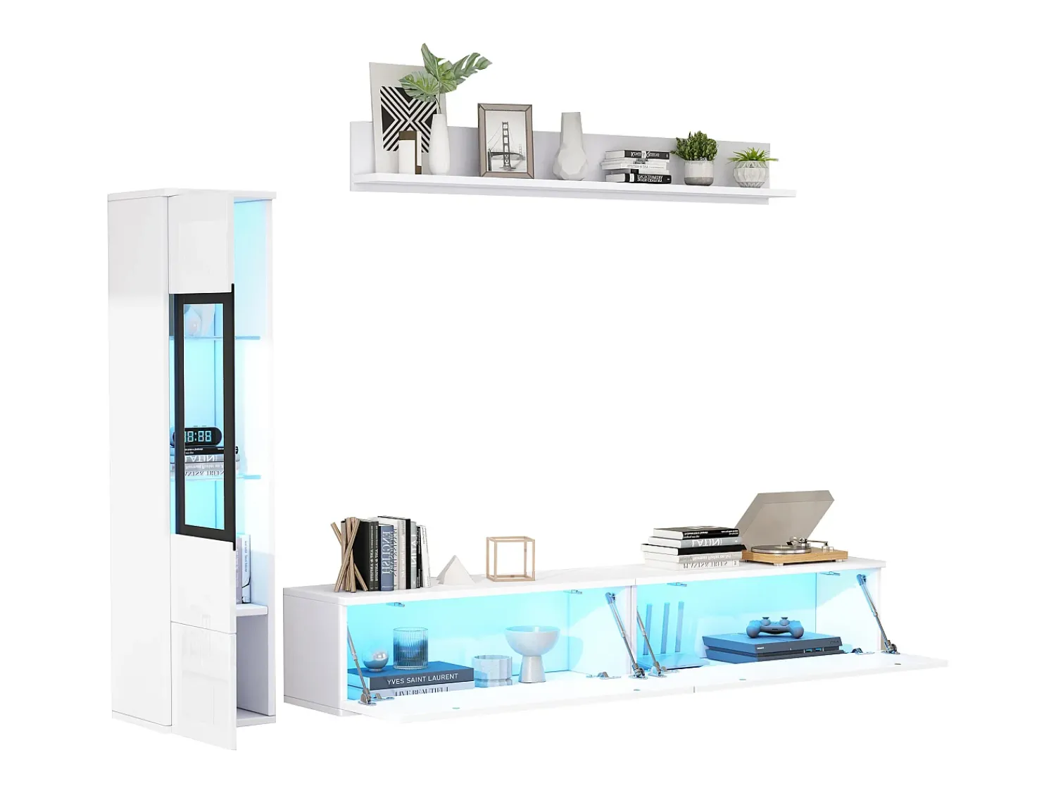 Móvel De Tv|ModernLuxe Conjunto de móvel de TV 3 peças - Móvel de TV + vitrina de parede + prateleira de parede - con iluminação LED - Branco
