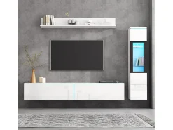 Móvel De Tv|ModernLuxe Conjunto de móvel de TV 3 peças - Móvel de TV + vitrina de parede + prateleira de parede - con iluminação LED - Branco