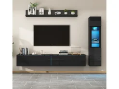 Conjunto de móvel de TV 3 peças - Móvel de TV + vitrina de parede + prateleira de parede - con iluminação LED -^ Móvel De Tv