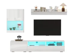 Móvel De Tv*ModernLuxe Conjunto de móvel para TV 3 peças - móvel para TV + móvel de parede + prateleira de parede - com iluminação LED e acabamento brilhante - Branco