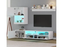 Móvel De Tv*ModernLuxe Conjunto de móvel para TV 3 peças - móvel para TV + móvel de parede + prateleira de parede - com iluminação LED e acabamento brilhante - Branco
