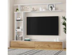 Móvel De Tv|ModernLuxe Conjunto de móvel para TV 3 peças – móvel para TV + prateleira vertical + prateleira de parede – 2 portas basculantes - branco e natural Natural claro