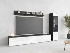 Móvel De Tv| Conjunto de sala 3 elementos com LED – móvel de TV 180 cm, vitrina e prateleira, de chão ou suspenso, corpo antracite, frentes branco brilho Cinza antracite