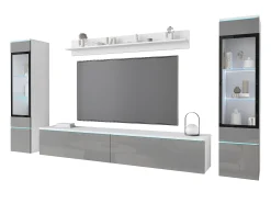 Móvel De Tv* Conjunto de sala com LED 4 elementos – móvel de TV 180 cm, 2 vitrinas e prateleira, de chão ou suspenso, corpo branco mate, frentes cinzento brilho Multicor