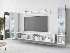 Móvel De Tv* Conjunto de sala com LED 4 elementos – móvel de TV 180 cm, 2 vitrinas e prateleira, de chão ou suspenso, corpo branco mate, frentes cinzento brilho Multicor