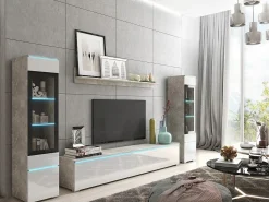 Conjunto de sala com LED 4 elementos – móvel de TV 180 cm, 2 vitrinas e prateleira, de chão ou suspenso, corpo betão mate, frentes branco brilho^ Móvel De Tv