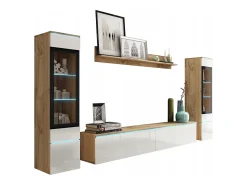 Sale Conjunto de sala com LED 4 elementos – móvel de TV 180 cm, 2 vitrinas e prateleira, de chão ou suspenso, corpo carvalho Wotan, frentes branco brilho Natural escuro