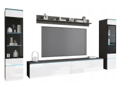 Móvel De Tv* Conjunto de sala com LED 4 elementos – móvel de TV 180 cm, 2 vitrinas e prateleira, de chão ou suspenso, corpo antracite, frentes branco brilho Cinza antracite