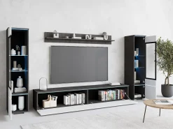 Móvel De Tv* Conjunto de sala com LED 4 elementos – móvel de TV 180 cm, 2 vitrinas e prateleira, de chão ou suspenso, corpo antracite, frentes branco brilho Cinza antracite