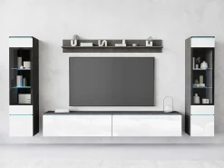 Móvel De Tv* Conjunto de sala com LED 4 elementos – móvel de TV 180 cm, 2 vitrinas e prateleira, de chão ou suspenso, corpo antracite, frentes branco brilho Cinza antracite