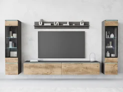 New Conjunto de sala com LED 4 elementos – móvel de TV 180 cm, 2 vitrinas e prateleira, de chão ou suspenso, corpo antracite, frentes castanho mate Multicor