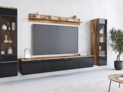 Móvel De Tv| Conjunto de sala com LED 4 elementos – móvel de TV 180 cm, 2 vitrinas e prateleira, de chão ou suspenso, corpo carvalho Wotan, frentes preto brilho Natural escuro