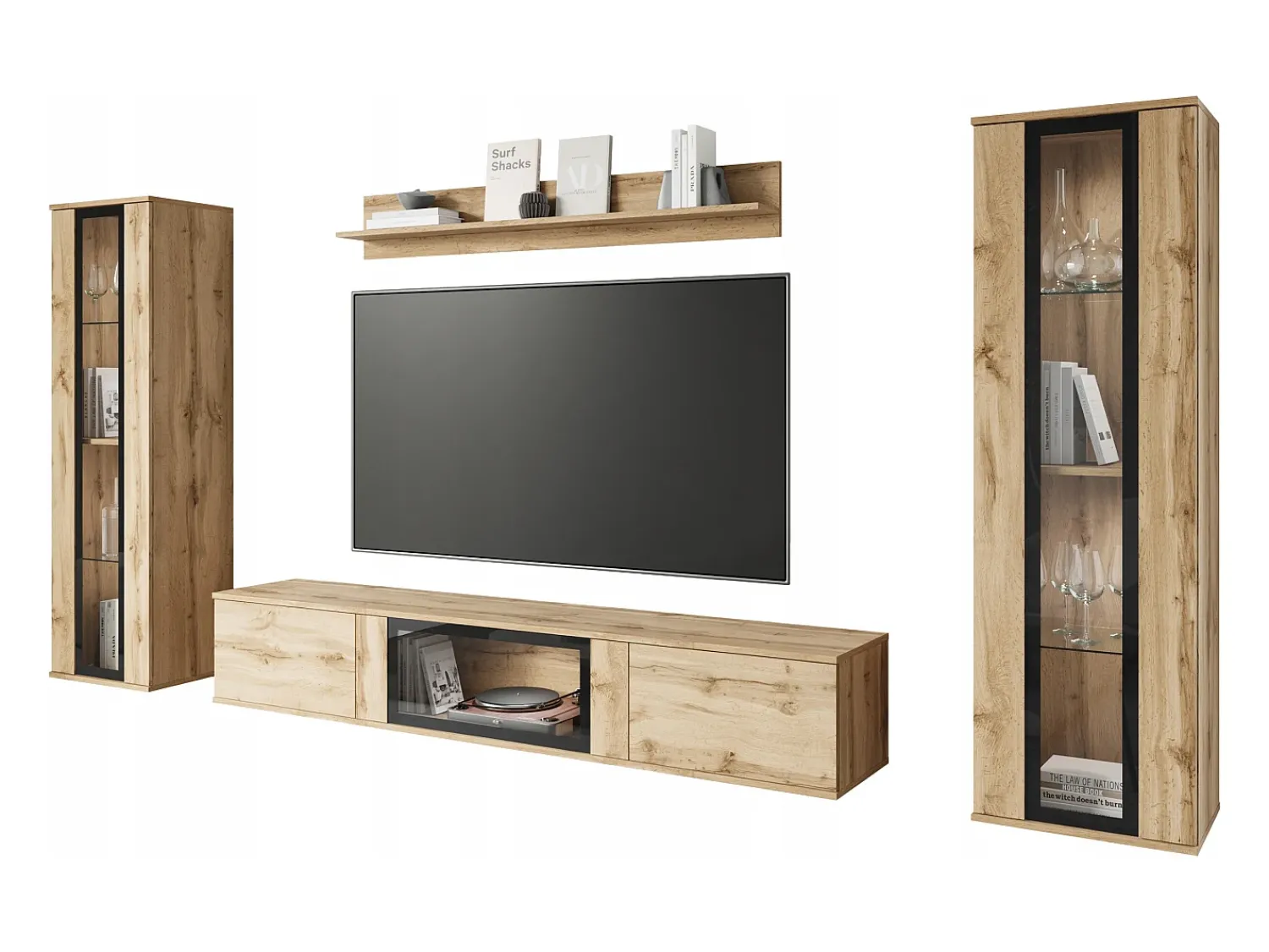 Conjunto de sala moderno com LED mate 2 vitrinas e móvel de TV 180 cm carvalho wotan^ Móvel De Tv