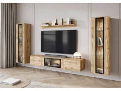 Conjunto de sala moderno com LED mate 2 vitrinas e móvel de TV 180 cm carvalho wotan^ Móvel De Tv