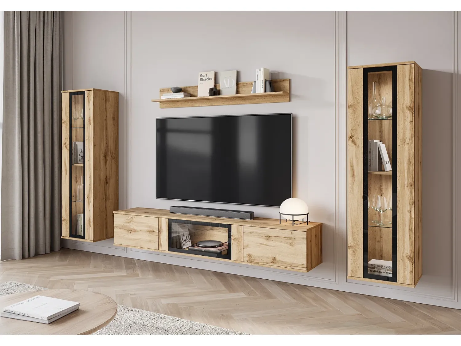 Conjunto de sala moderno com LED mate 2 vitrinas e móvel de TV 180 cm carvalho wotan^ Móvel De Tv