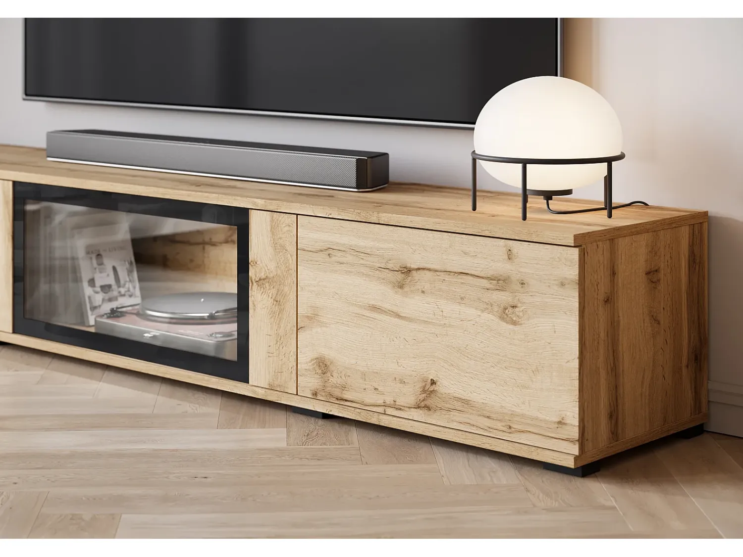 Conjunto de sala moderno com LED mate 2 vitrinas e móvel de TV 180 cm carvalho wotan^ Móvel De Tv