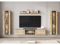 Conjunto de sala moderno com LED mate 2 vitrinas e móvel de TV 180 cm carvalho wotan^ Móvel De Tv