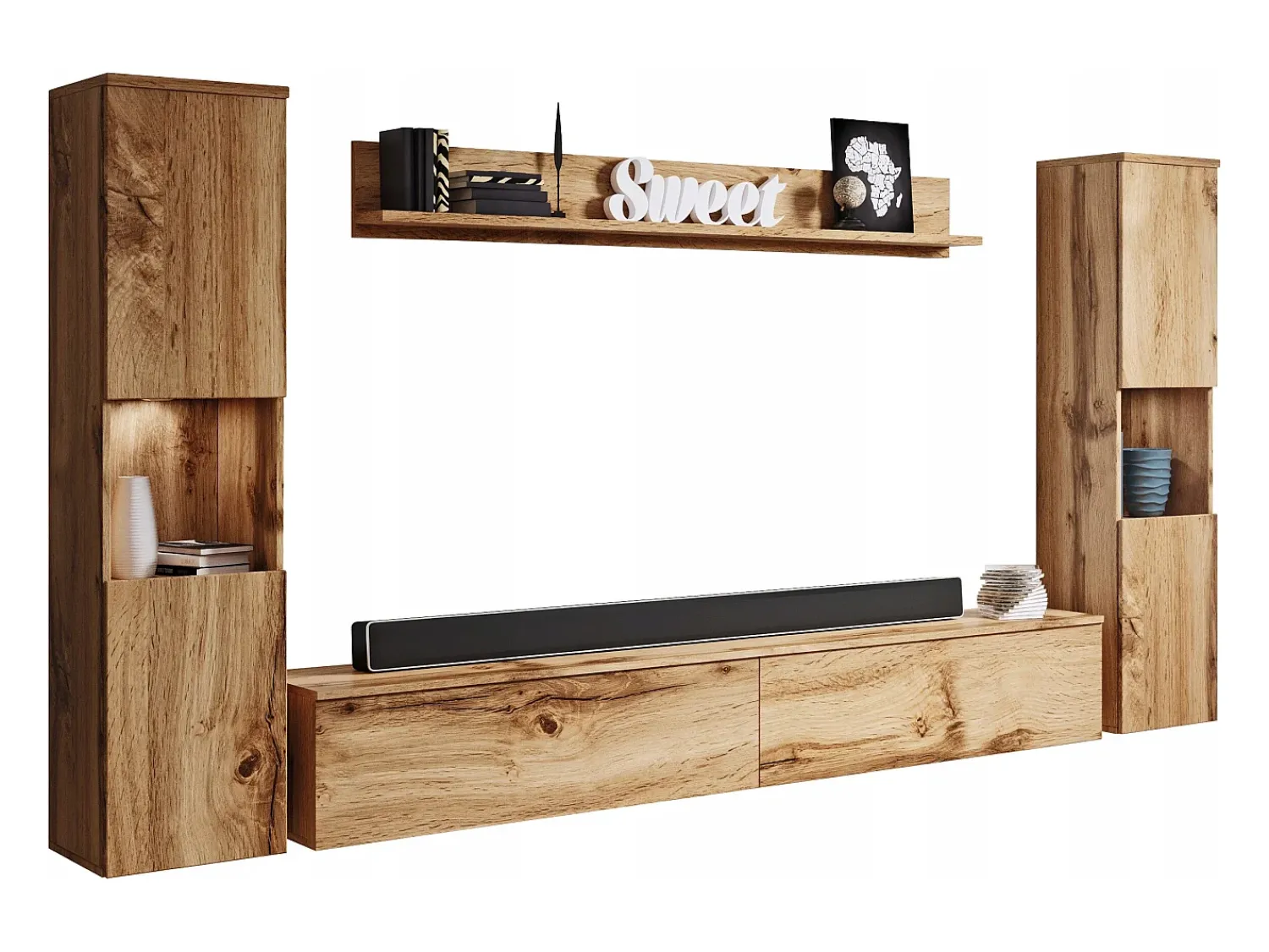Móvel De Tv| Conjunto de sala moderno 4 peças com LED, mate, 2 colunas, móvel TV 180 cm e prateleira carvalho wotan Natural escuro
