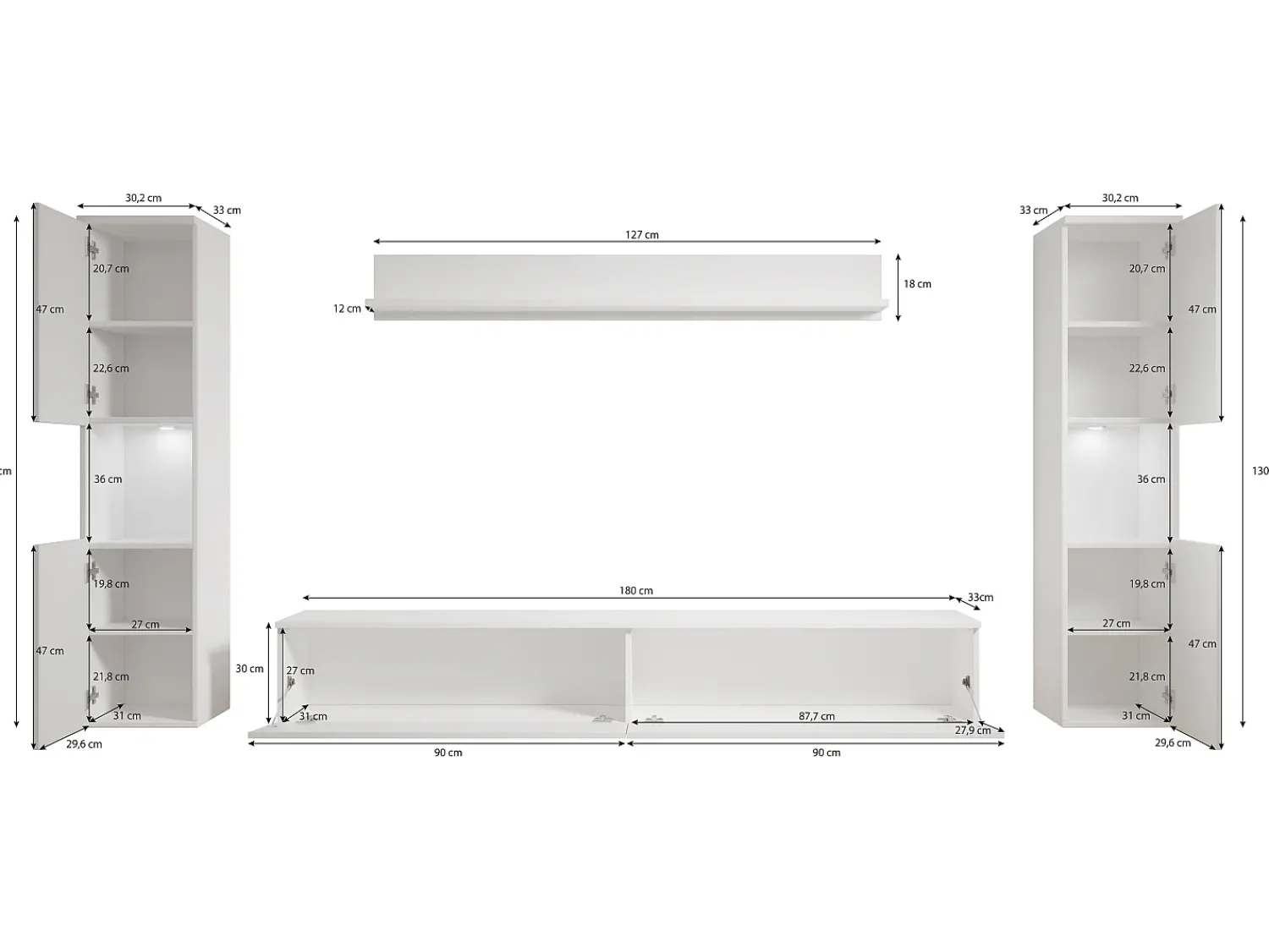Móvel De Tv| Conjunto de sala moderno 4 peças com LED, mate, 2 colunas, móvel TV 180 cm e prateleira carvalho wotan Natural escuro
