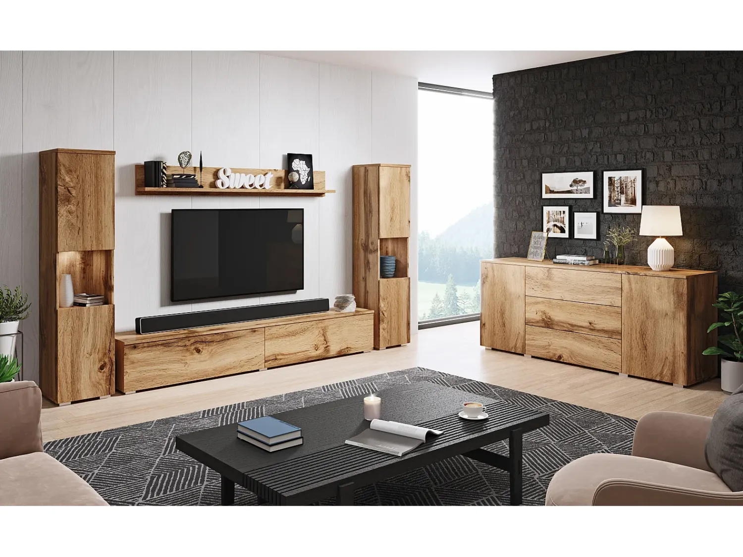 Móvel De Tv| Conjunto de sala moderno 4 peças com LED, mate, 2 colunas, móvel TV 180 cm e prateleira carvalho wotan Natural escuro