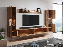 Móvel De Tv| Conjunto de sala moderno 4 peças com LED, mate, 2 colunas, móvel TV 180 cm e prateleira carvalho wotan Natural escuro