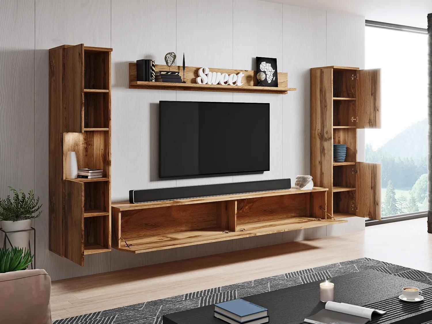 Móvel De Tv| Conjunto de sala moderno 4 peças com LED, mate, 2 colunas, móvel TV 180 cm e prateleira carvalho wotan Natural escuro