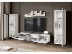 Móvel De Tv| Conjunto de sala moderno – 2 vitrinas e móvel de TV 180 cm, corpo mate frentes brilho Branco