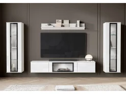 Móvel De Tv| Conjunto de sala moderno – 2 vitrinas e móvel de TV 180 cm, corpo mate frentes brilho Branco