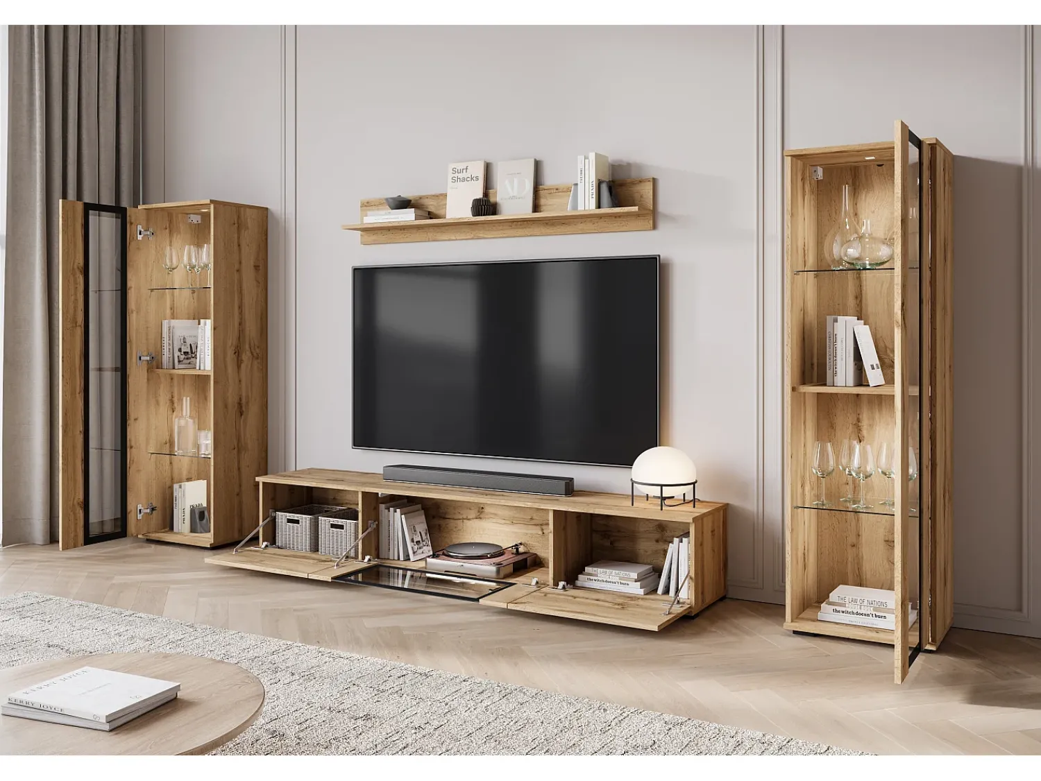 Móvel De Tv* Conjunto de sala moderno – acabamento mate, 2 vitrinas e móvel de TV 180 cm carvalho Wotan Natural escuro
