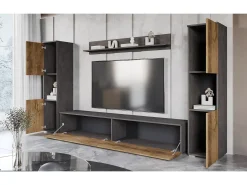 Conjunto de sala moderno 4 peças – corpo carvalho Matera mate, frentes castanheiro mate, 2 colunas e móvel de TV 180 cm^ Móvel De Tv