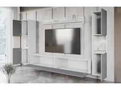 Móvel De Tv* Conjunto de sala moderno 4 peças com LED, 2 colunas, móvel TV 180 cm e prateleira, corpo mate, frentes cinza brilho Branco