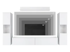 Móvel De Tv* Conjunto de sala moderno 4 peças com LED, 2 colunas, móvel TV 180 cm e prateleira, corpo mate, frentes cinza brilho Branco
