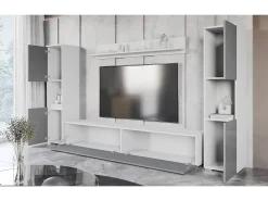 Móvel De Tv* Conjunto de sala moderno 4 peças com LED, 2 colunas, móvel TV 180 cm e prateleira, corpo mate, frentes cinza brilho Branco