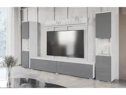 Móvel De Tv* Conjunto de sala moderno 4 peças com LED, 2 colunas, móvel TV 180 cm e prateleira, corpo mate, frentes cinza brilho Branco