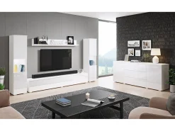 Conjunto de sala moderno 4 peças com LED, 2 colunas, móvel TV 180 cm e prateleira, corpo mate, frentes brilho^ Móvel De Tv