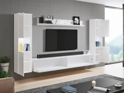 Conjunto de sala moderno 4 peças com LED, 2 colunas, móvel TV 180 cm e prateleira, corpo mate, frentes brilho^ Móvel De Tv