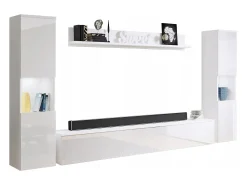 Conjunto de sala moderno 4 peças com LED, 2 colunas, móvel TV 180 cm e prateleira, corpo mate, frentes brilho^ Móvel De Tv