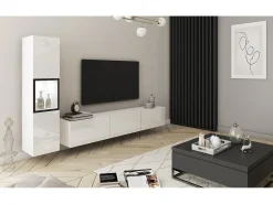 Online Conjunto de sala moderno – conjunto suspenso e de chão 2 peças com móvel TV 180 cm e vitrina, corpo mate, frentes brilho Branco