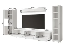 Conjunto de sala moderno – conjunto suspenso e de chão, móvel TV 180 cm, 2 colunas, prateleira, corpo Matera mate frentes branco brilho^ Móvel De Tv