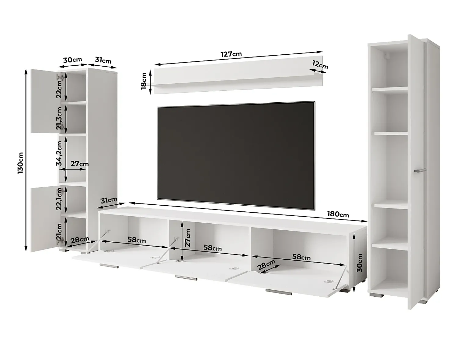 Conjunto de sala moderno – conjunto suspenso e de chão, móvel TV 180 cm, 2 colunas, prateleira, corpo Matera mate frentes branco brilho^ Móvel De Tv