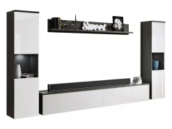 Conjunto de sala moderno 4 peças com LED, 2 colunas, móvel TV 180 cm e prateleira, corpo antracite mate, frentes branco brilho^ Móvel De Tv