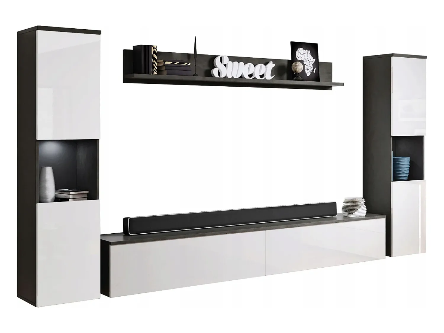 Conjunto de sala moderno 4 peças com LED, 2 colunas, móvel TV 180 cm e prateleira, corpo antracite mate, frentes branco brilho^ Móvel De Tv