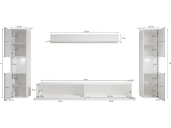 Conjunto de sala moderno 4 peças com LED, 2 colunas, móvel TV 180 cm e prateleira, corpo antracite mate, frentes branco brilho^ Móvel De Tv