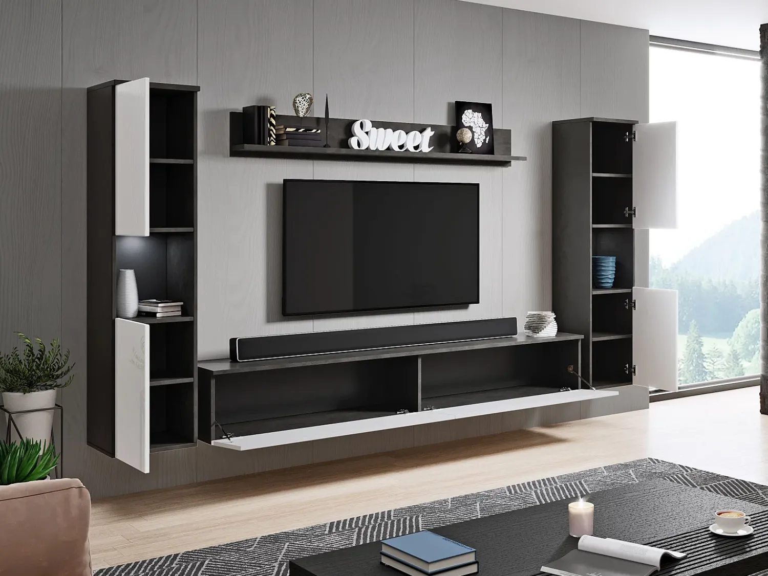 Conjunto de sala moderno 4 peças com LED, 2 colunas, móvel TV 180 cm e prateleira, corpo antracite mate, frentes branco brilho^ Móvel De Tv